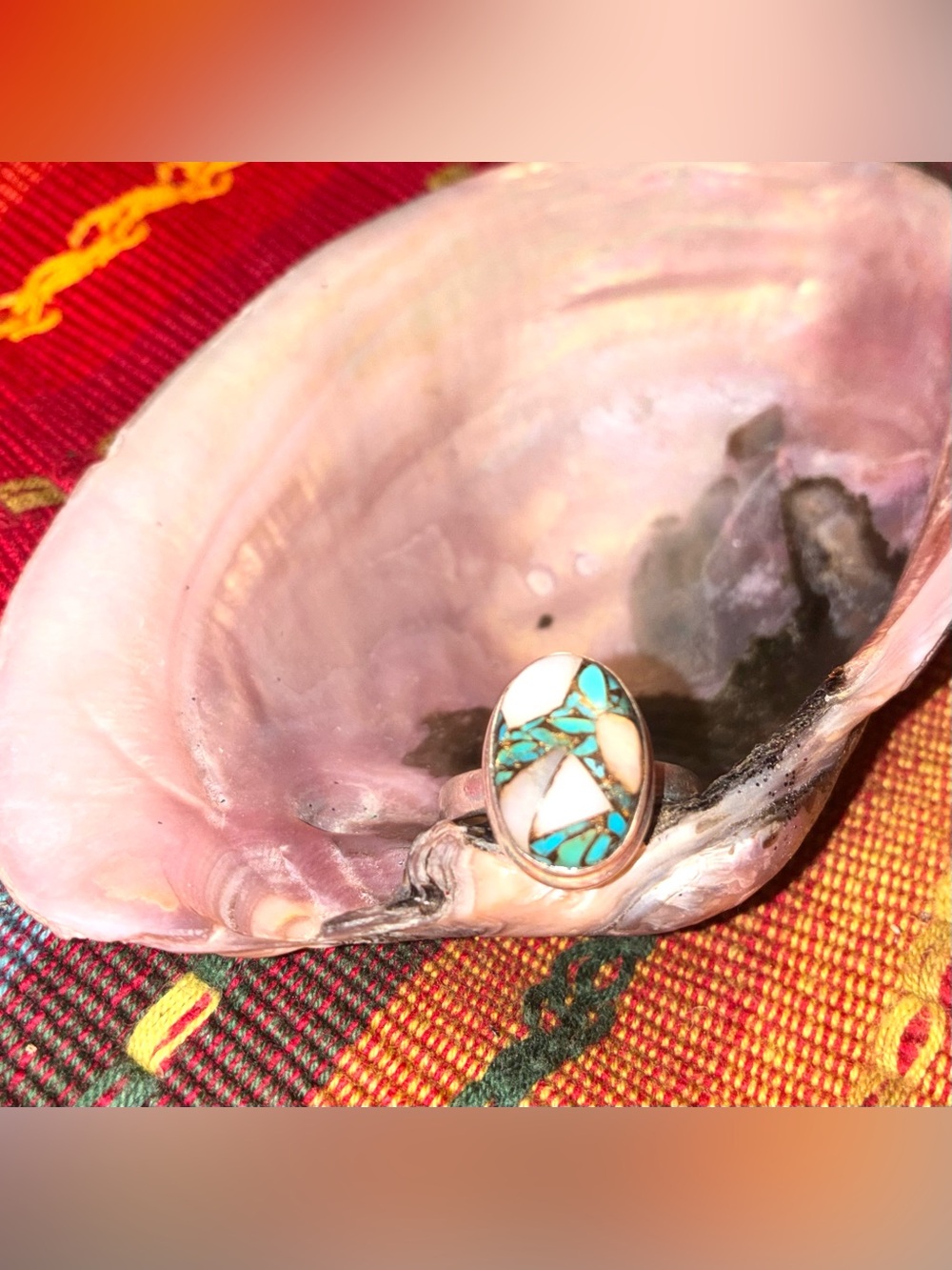 Turquoise and Mother of Pearl Inlay Oval Ring in Sterling Silver Size:9